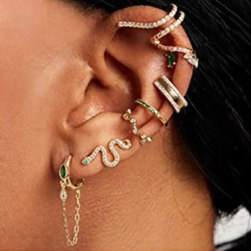Serpent Snake CZ Ear Climber Cuff with Delicate Emerald Crystal Dangle Detail